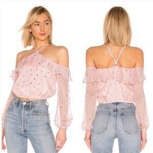 Lovers + Friends Pink Halter Neck Silver Heart Print Cropped Blouse NWT Size XXS